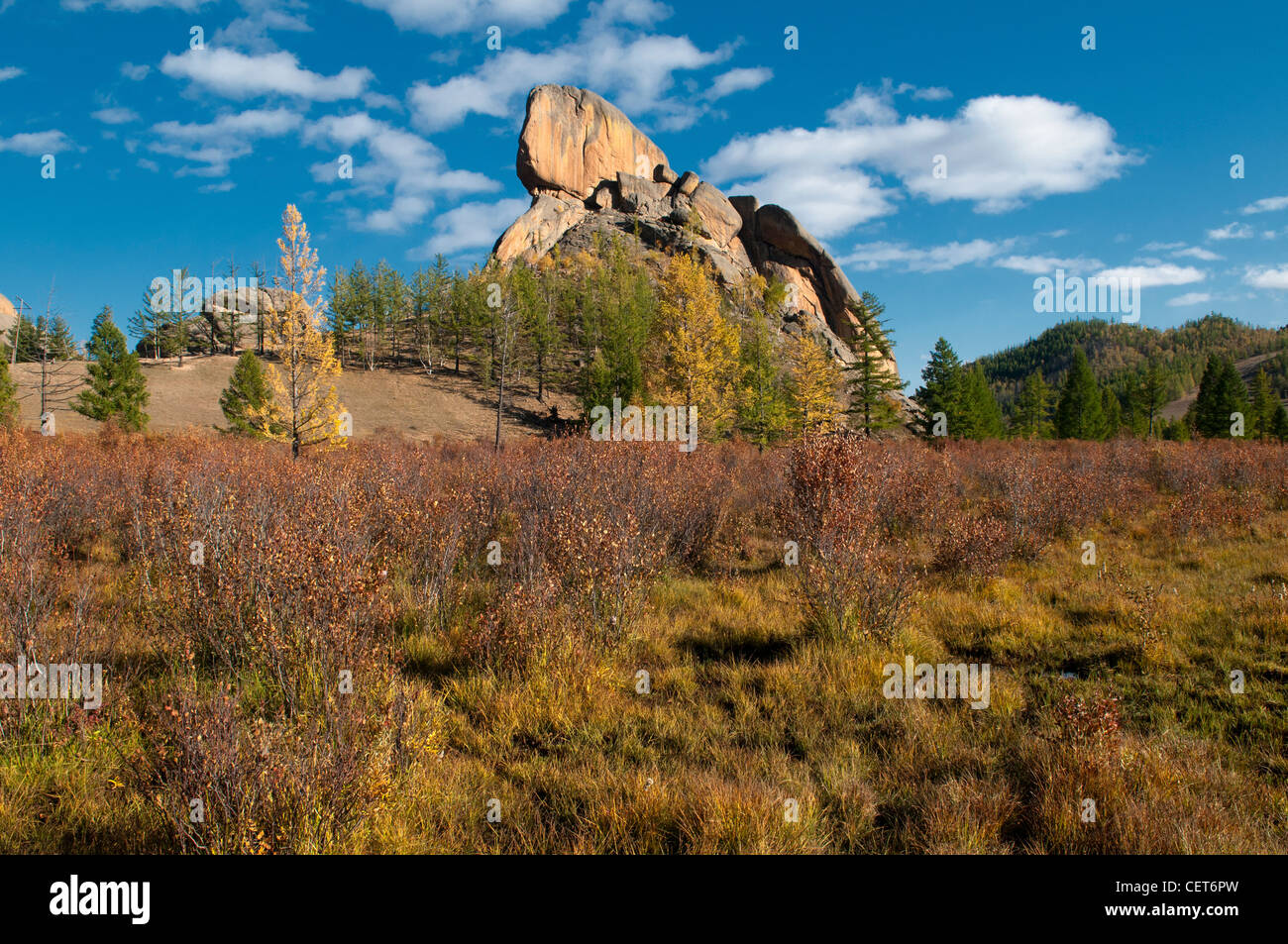 Landschaft im Tärelsch Nationalpark in der Mongolei Stockfoto