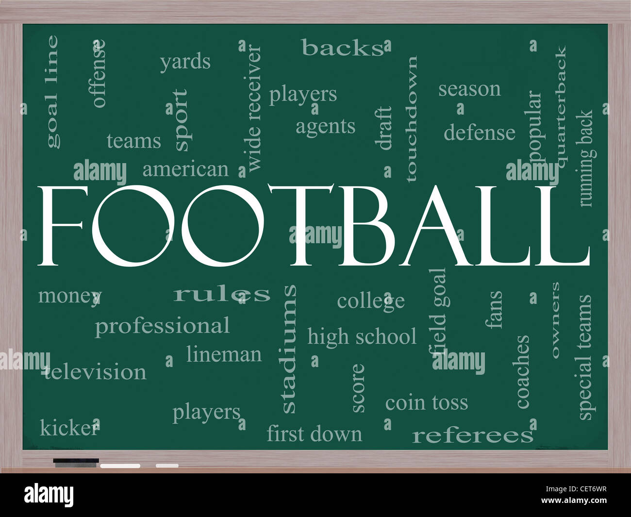 Fußball Word Cloud-Konzept auf einer Kreidetafel mit großen Begriffe wie Touchdown, Saison, Quarterback, Fans, Spiele, Entwurf und mehr Stockfoto