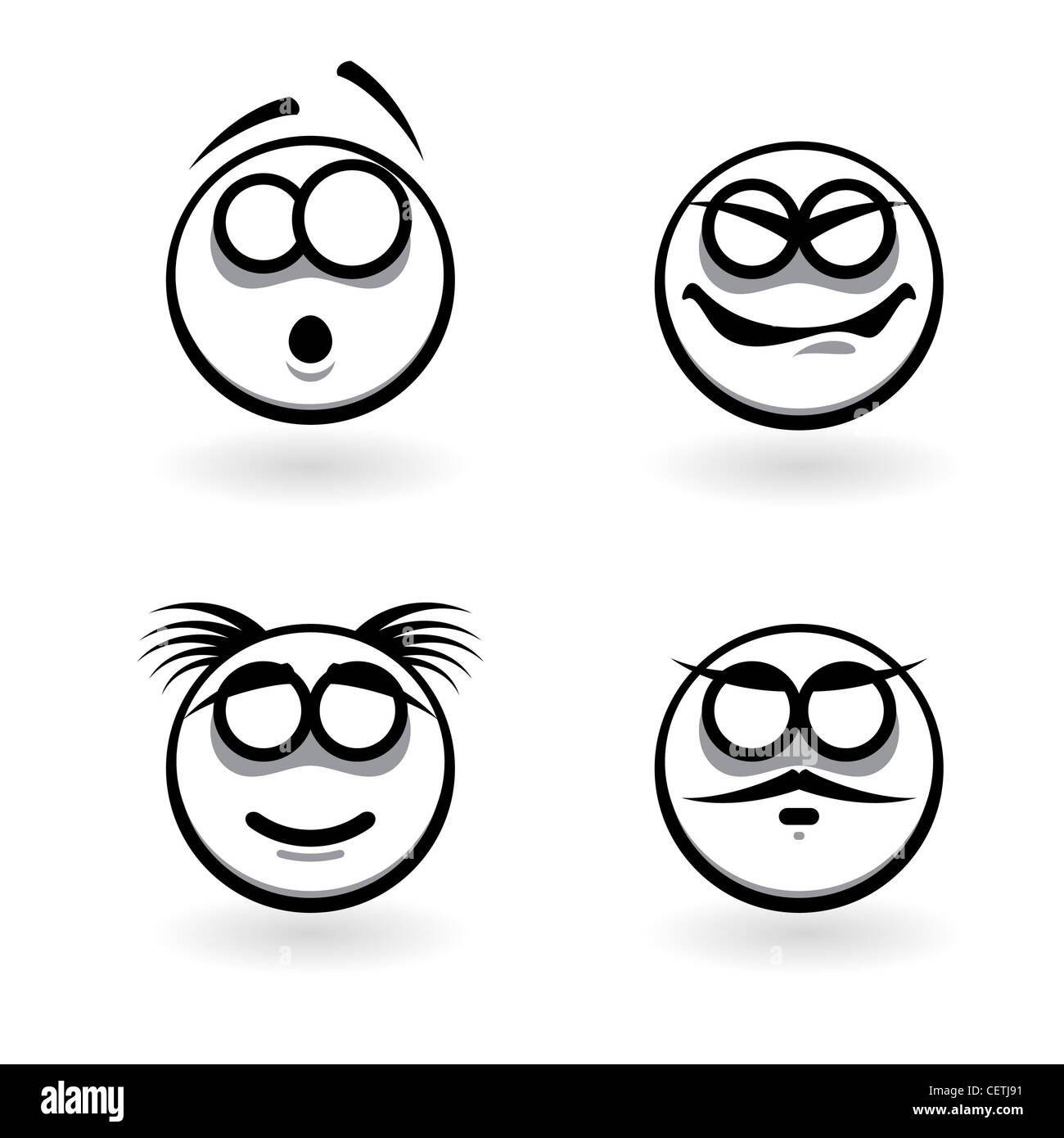 Vier Cartoon abstrakte Emotionen. Teil drei. Abbildung auf weißem Hintergrund Stockfoto