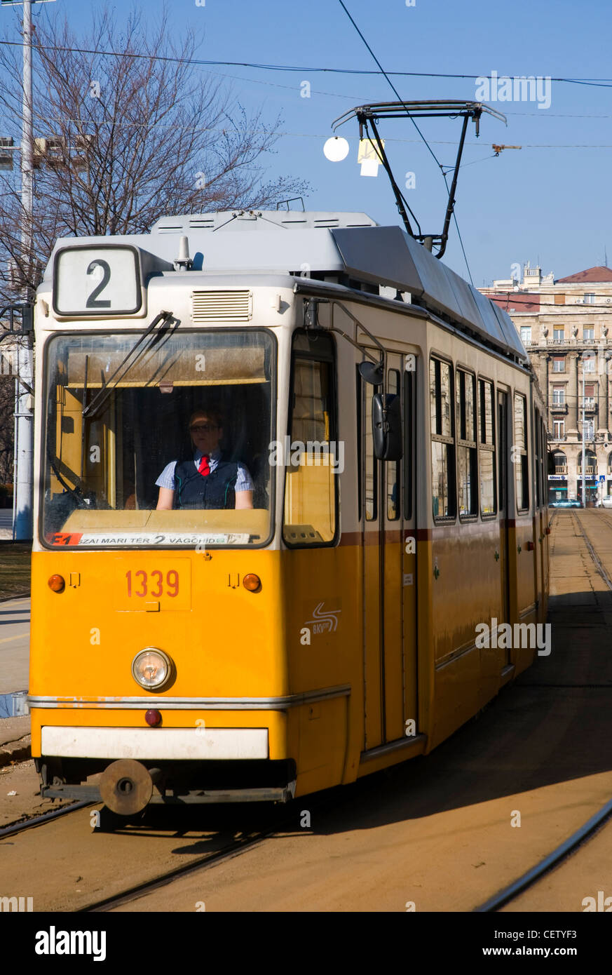 Eine Straßenbahn auf der Straße in Budapest, Sonnenschein Stockfoto