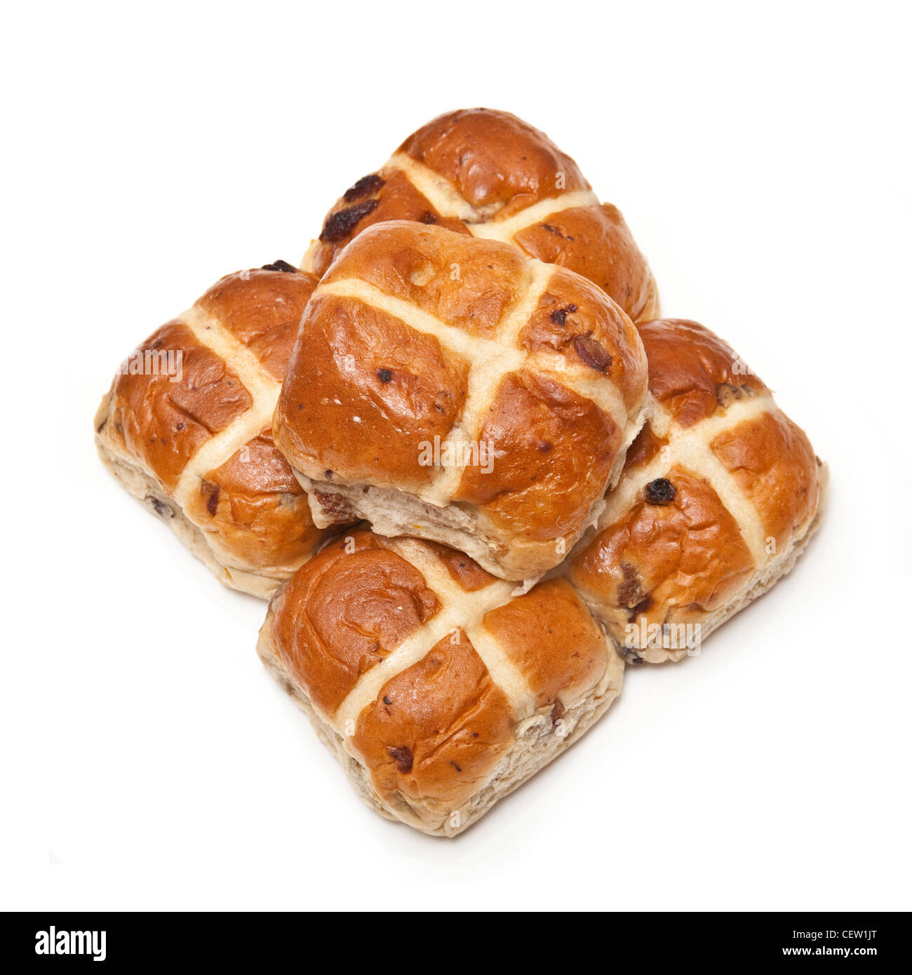 Hot Cross Buns isoliert auf einem weißen Studio-Hintergrund. Stockfoto