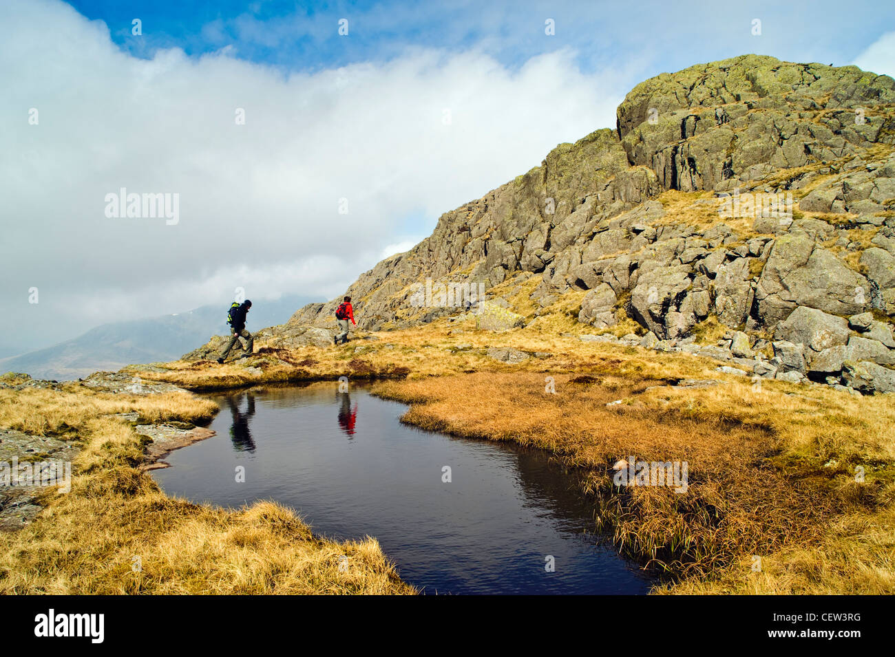 Walkers spiegelt sich im Pool auf kleine stehen im Lake District Stockfoto