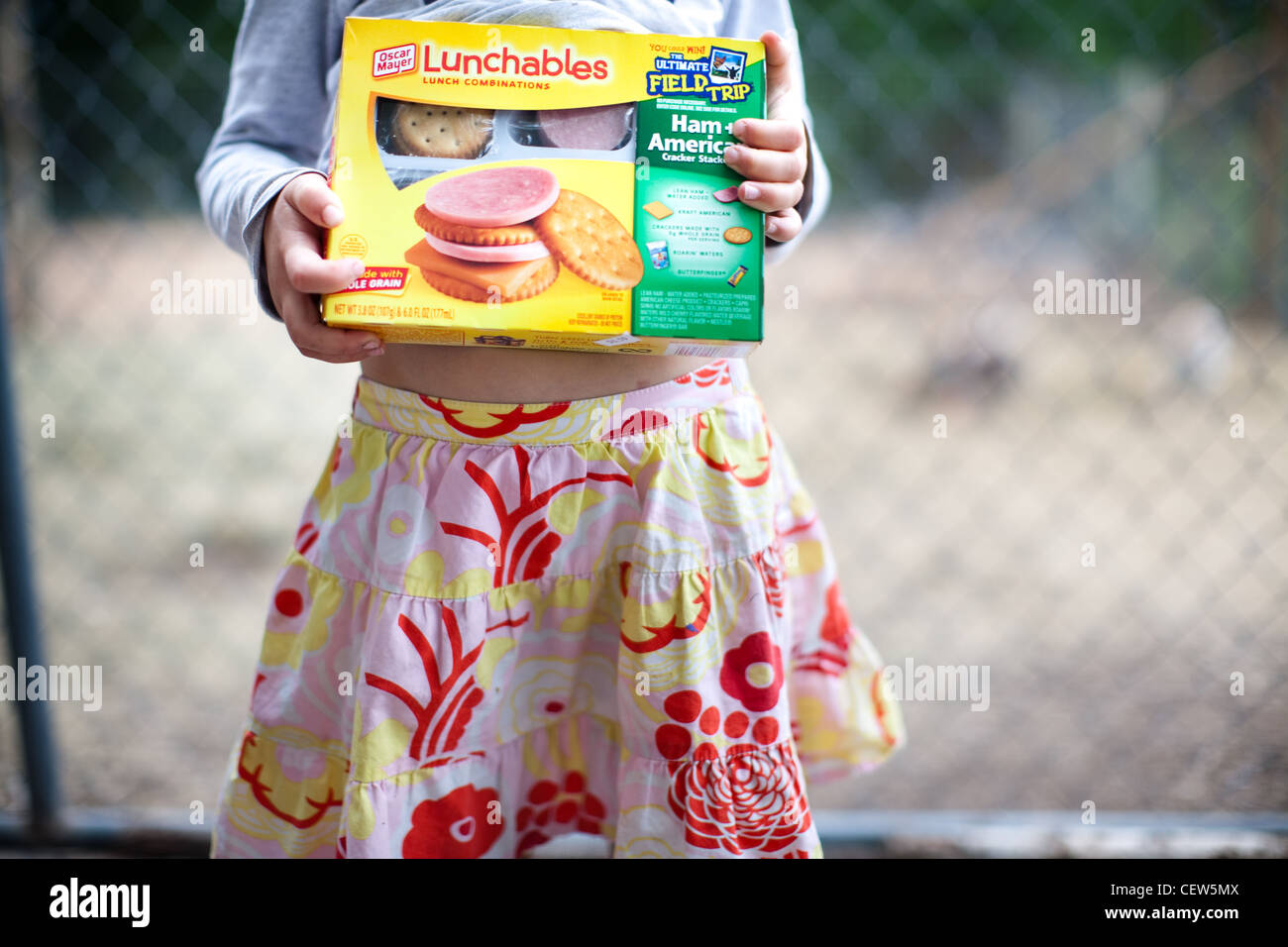 Kind hält Lunchable, verarbeitete Lebensmittel für das Mittagessen. Stockfoto