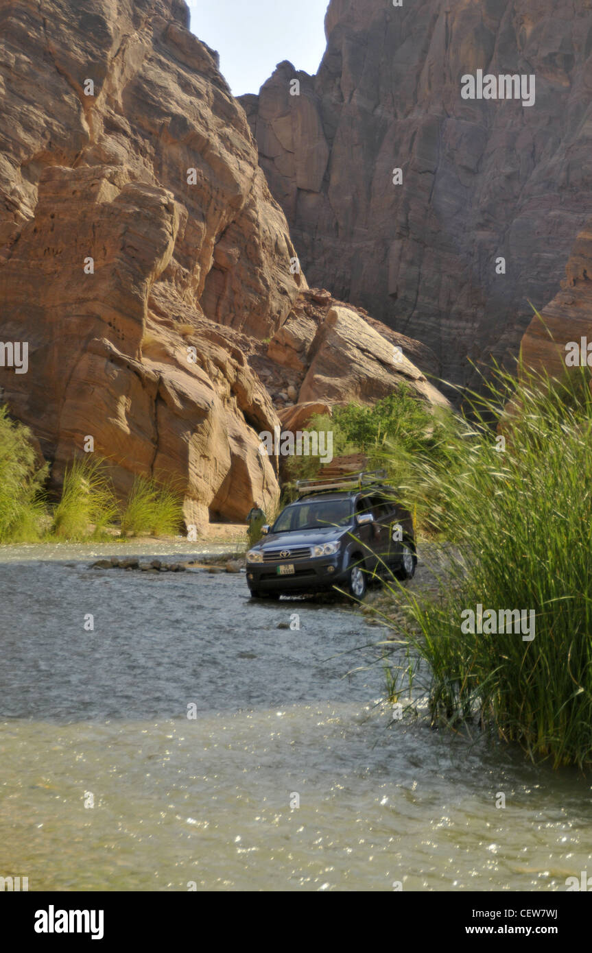 4 x 4 Suv fahren durch einen Fluss in einer Wüste Schlucht Stockfoto