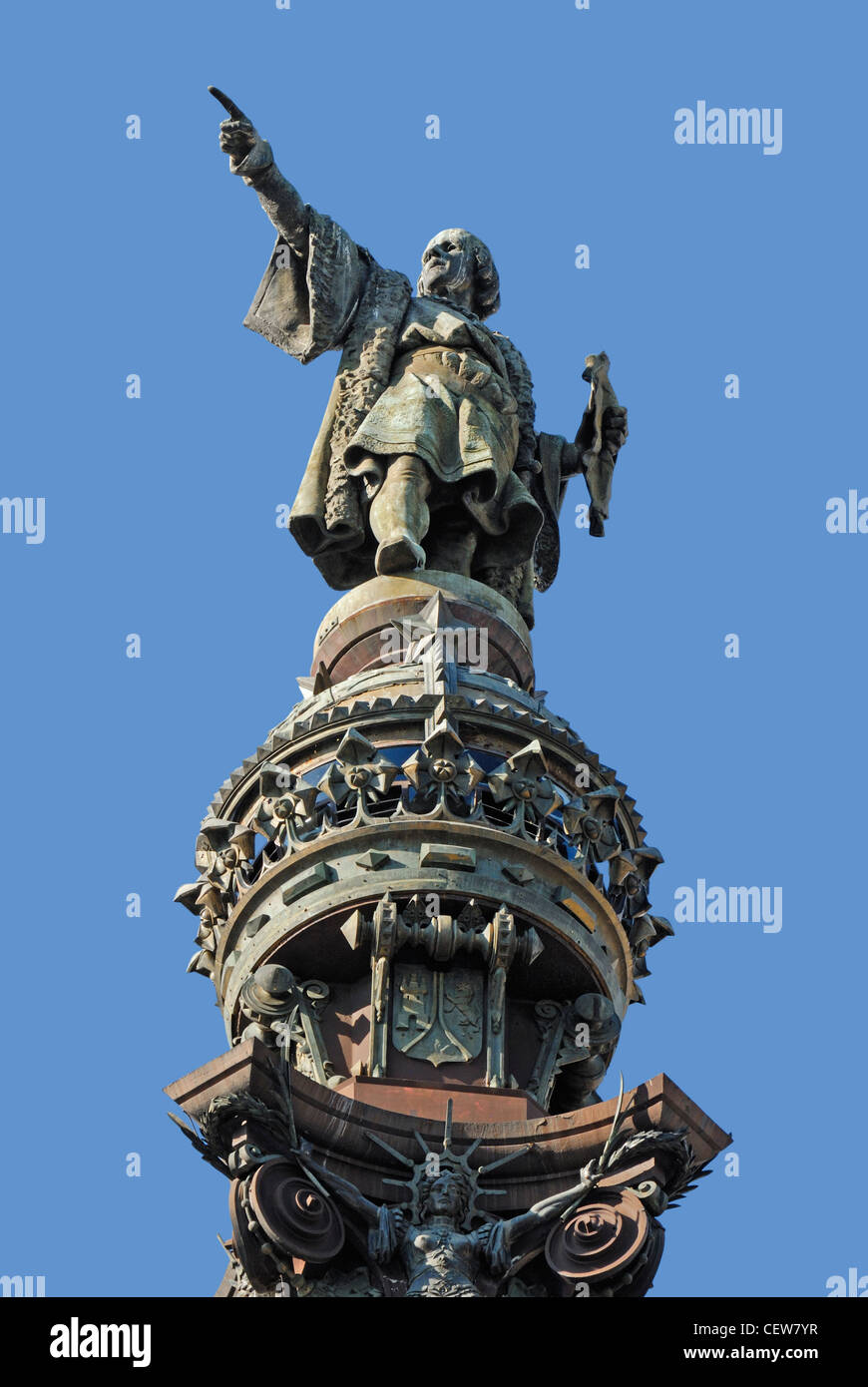 Barcelona, Katalonien, Spanien. Denkmal A Colom / Monumento a Colón / Mirador de Colón / Denkmal für Kolumbus (1888) S. Ende der Rambla - Statue oben Stockfoto