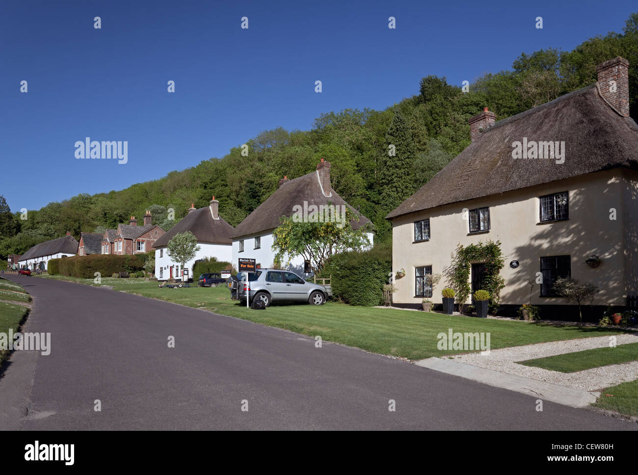 Die Straße mit strohgedeckten Hütten, Milton Abbas, Dorset, England Stockfoto