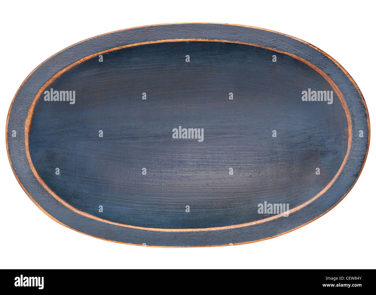 Oval Holz Trencher Teig Schüssel mit blauen Grunge Finish isoliert auf weiss Stockfoto