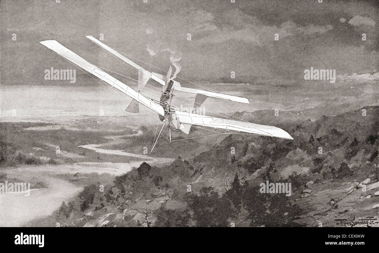Die Langley Flugplatz Flugmaschine im Flug im 19. Jahrhundert. Von The Strand Magazine veröffentlicht 1897. Stockfoto