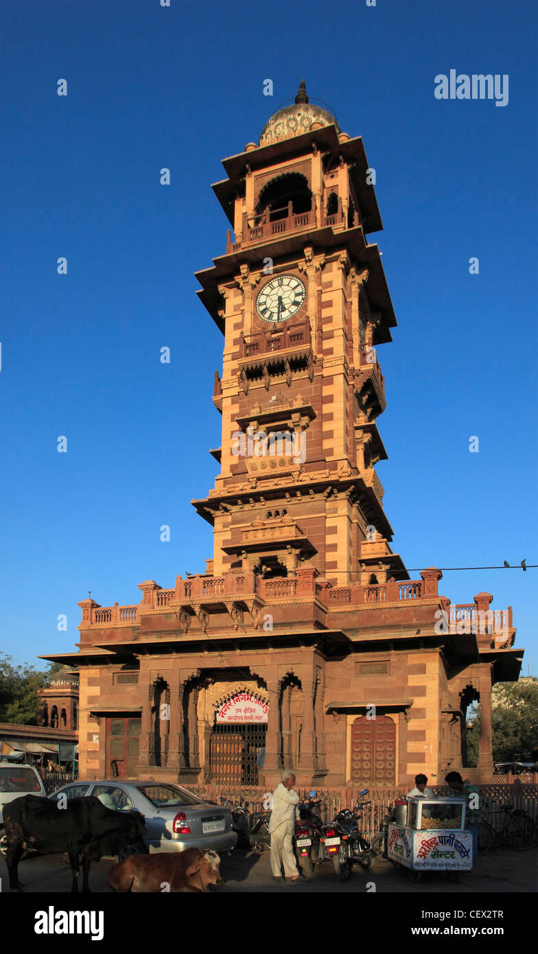 Indien, Rajasthan, Jodhpur, Sardar Bazar, Uhrturm, Menschen, Stockfoto