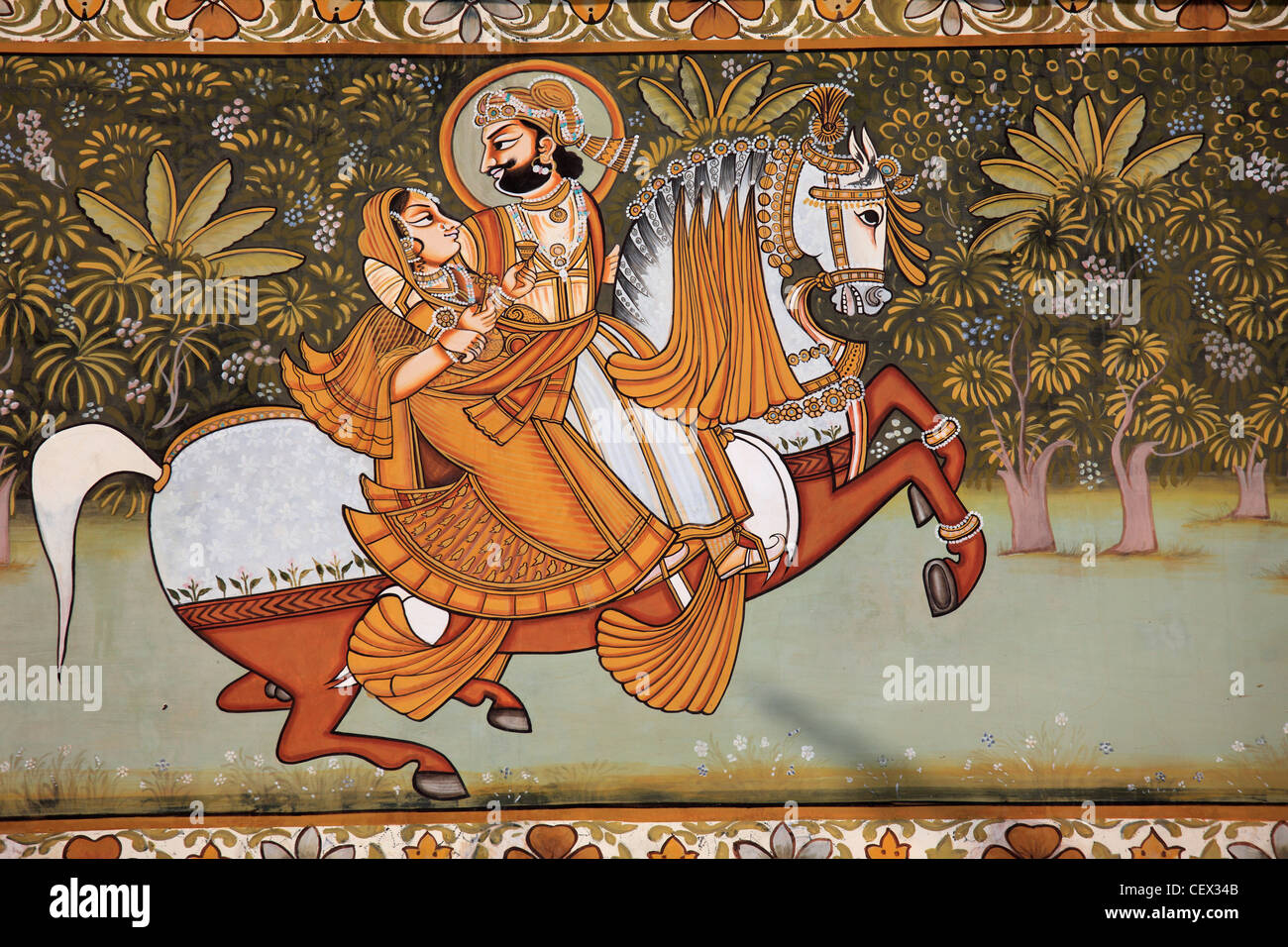 Indien, Rajasthan, Jodhpur, Mehrangarh Fort, Wandgemälde, Wandmalerei, Stockfoto