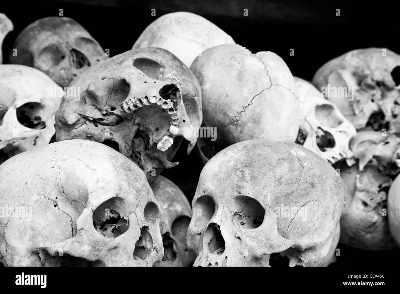 Nahaufnahme von einem Haufen von menschlichen Schädeln die Killing Fields in Phnom Penh, Kambodscha (Farbversion erhältlich bei CEX466) Stockfoto