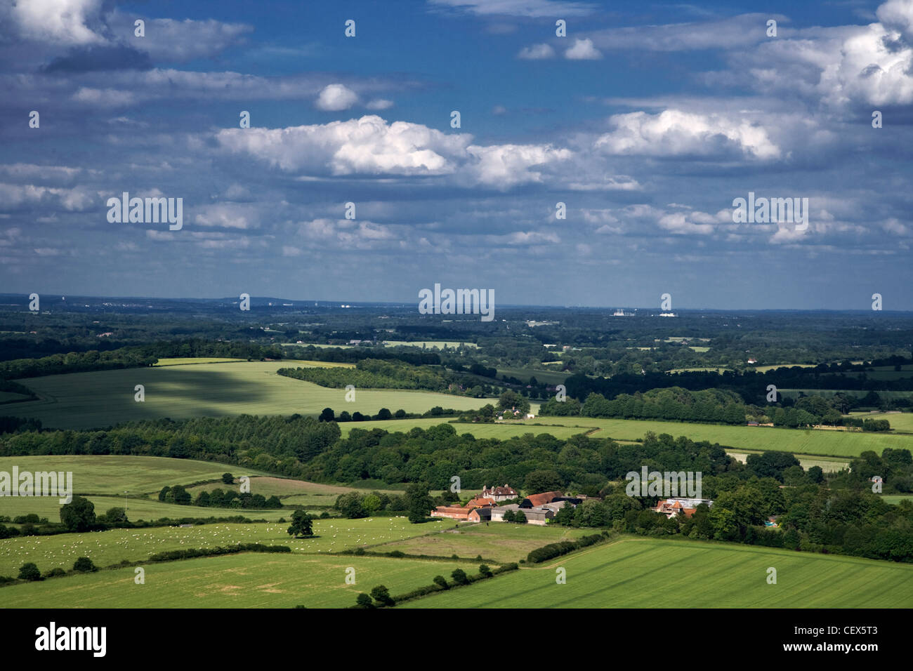 Blick vom Beacon Hill über Felder und Ackerland in Hampshire. Stockfoto