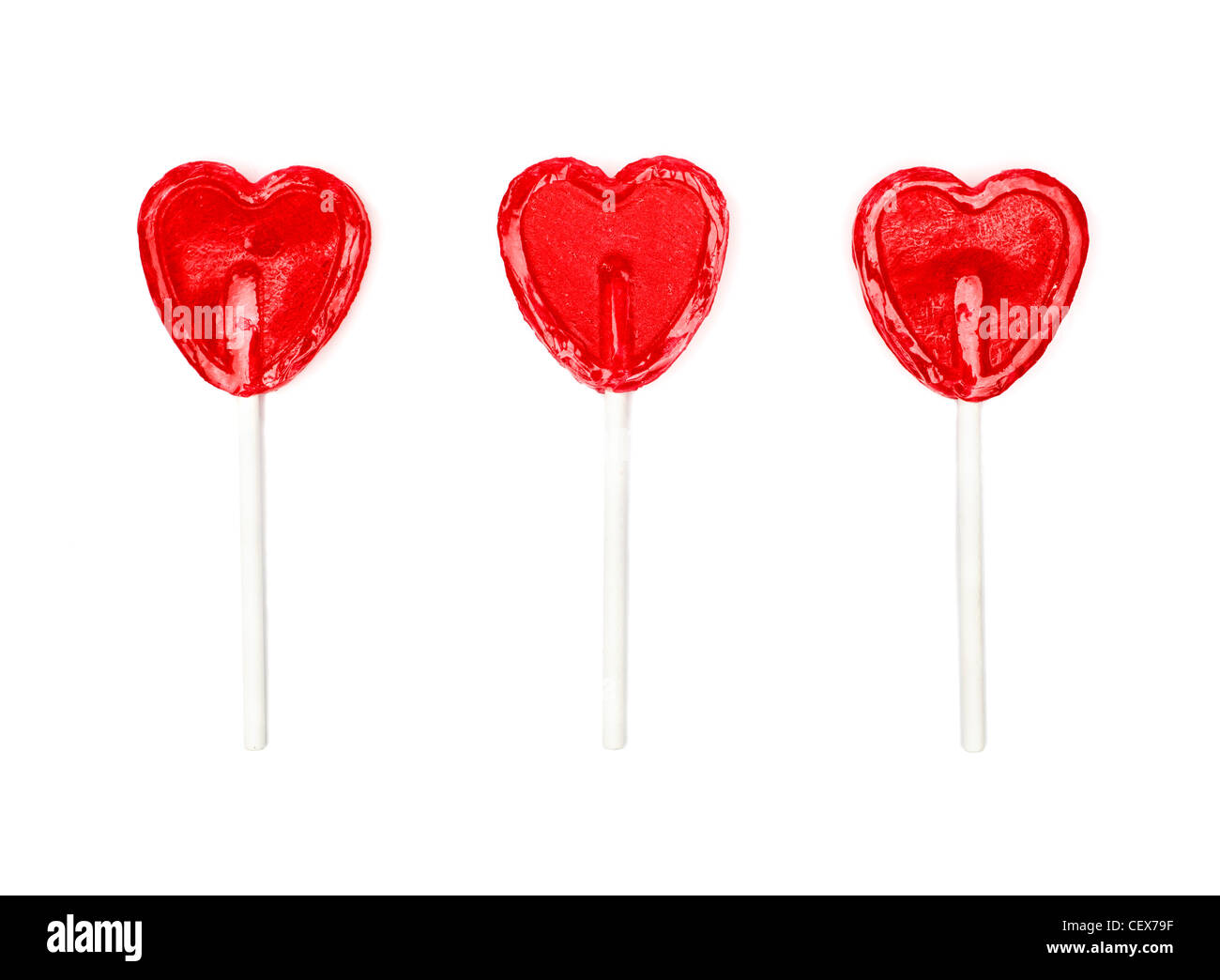 Drei herzförmige Lollies, Liebesherzen Stockfoto