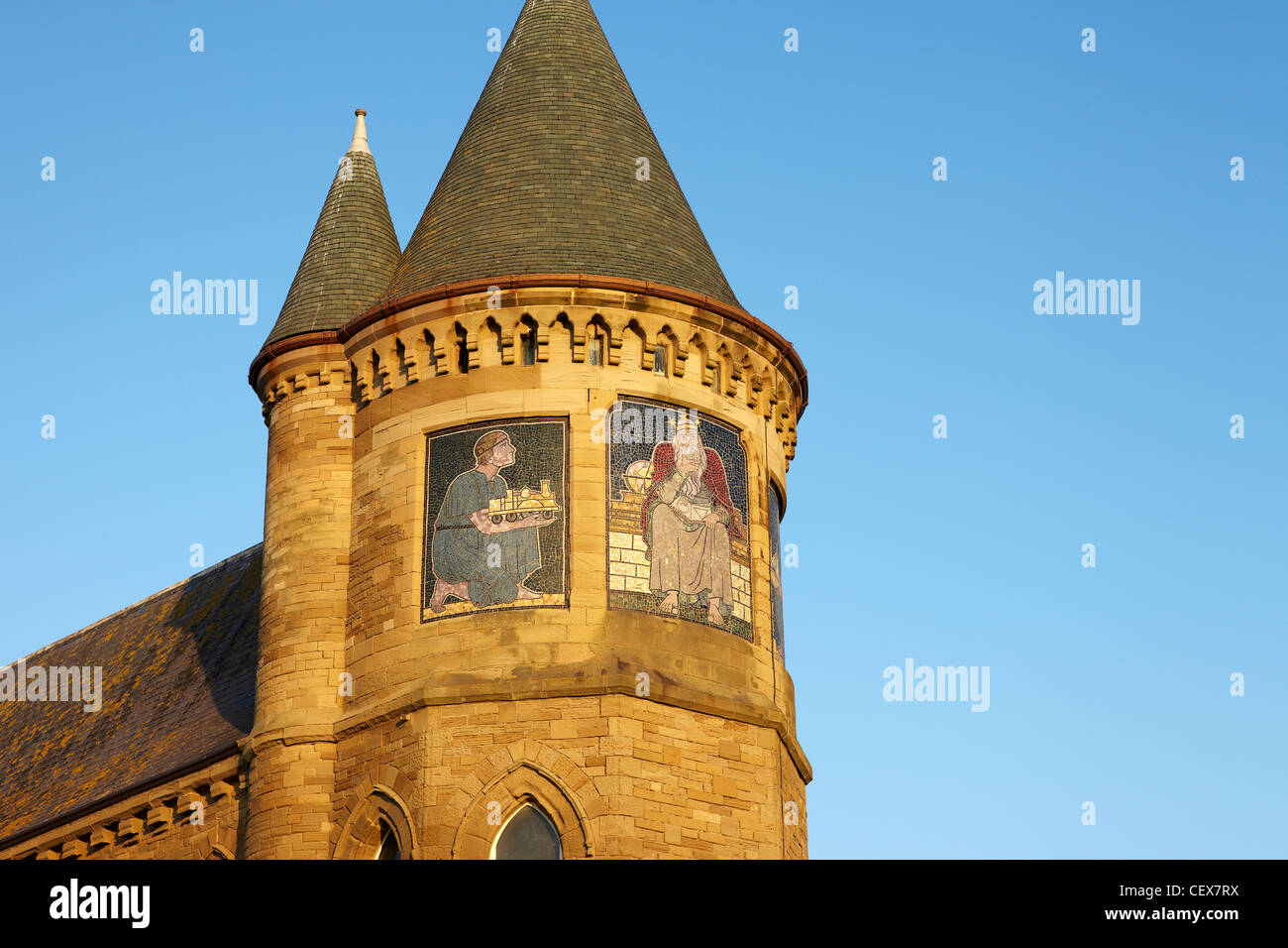 Wandmalereien an den Turm des Old College, Aberystwyth, Wales, UK Stockfoto