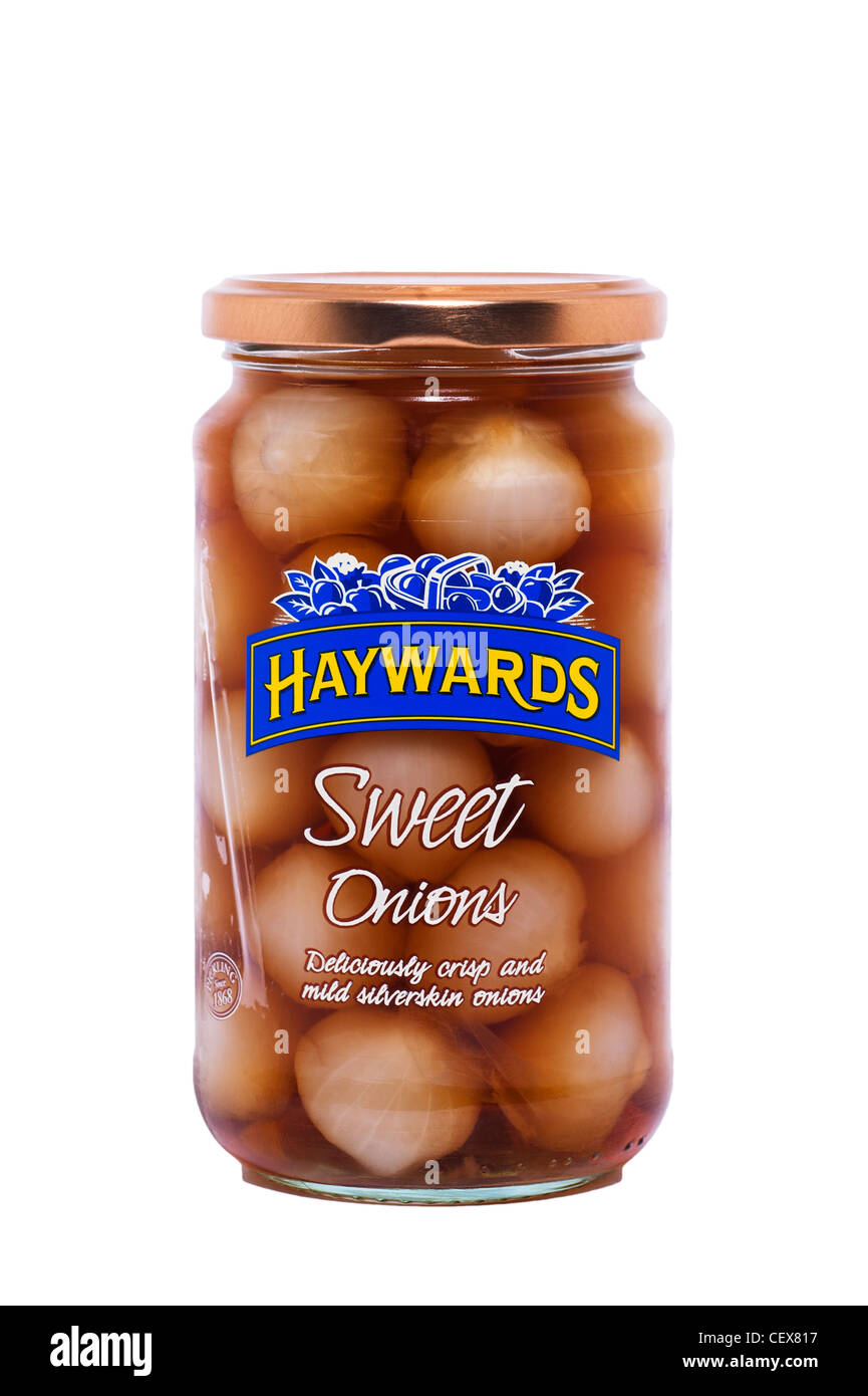 Ein Glas Haywards süß eingelegte Zwiebeln auf einem weißen Hintergrund Stockfoto