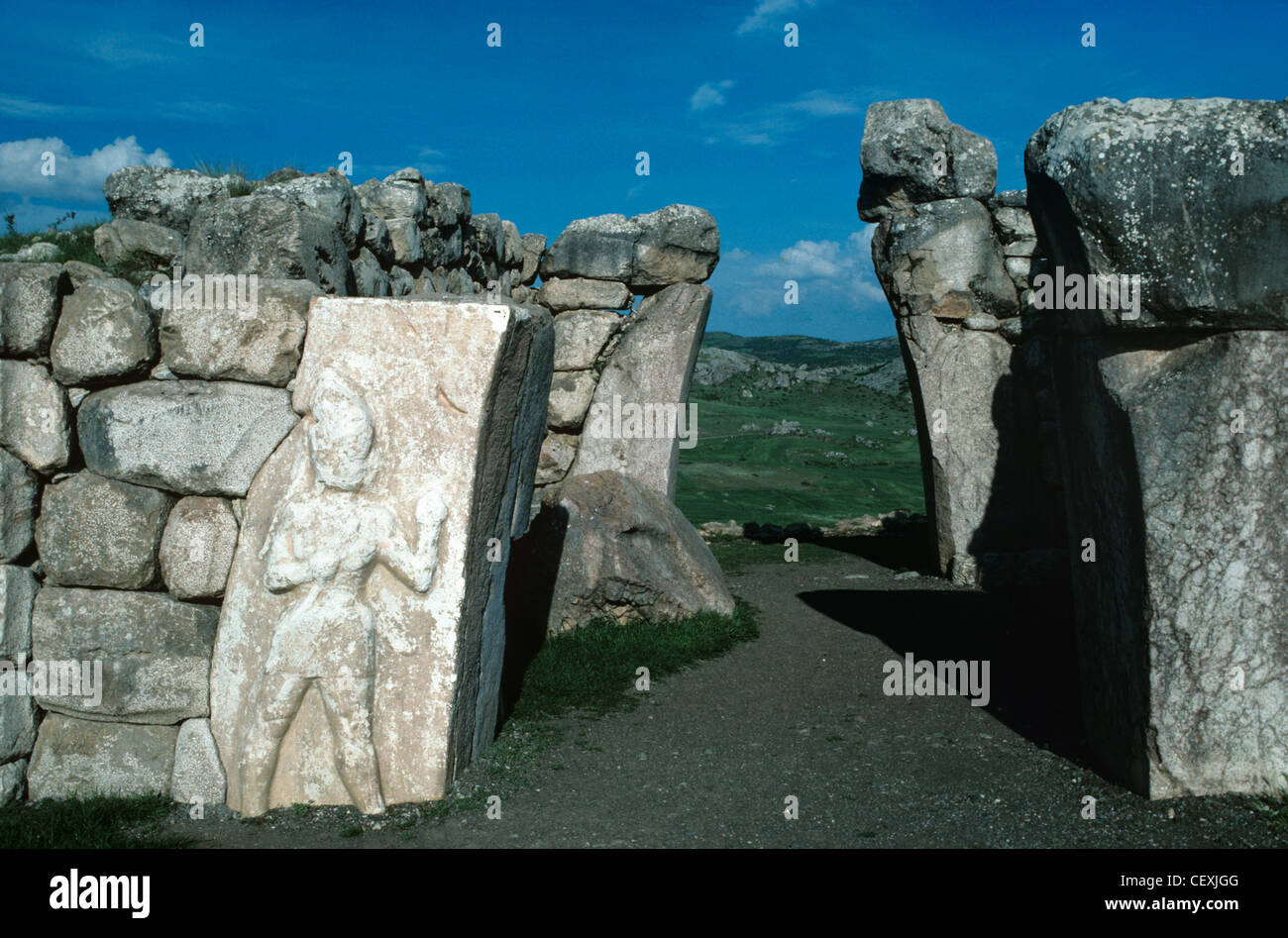 Hittite Löwentor oder Eingang und Mauern der antiken hethitischen Stadt Hattusa, Bogazkale, Anatolien, Türkei Stockfoto