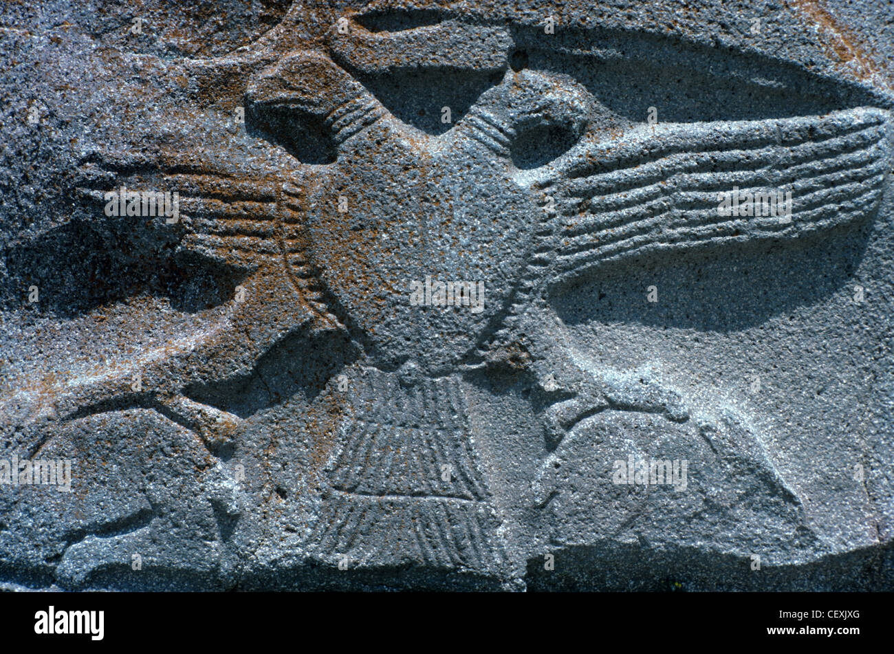 Hittite Basrelief oder Steinschnitt zweiköpfigen Adler, Alaca Höyük oder Alacahöyük, Türkei Stockfoto