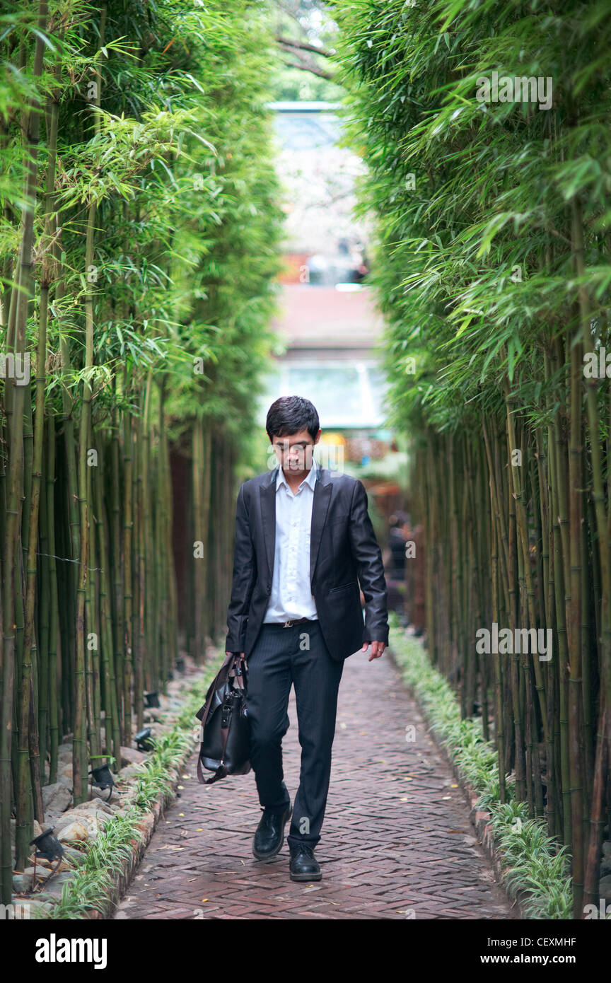 Ein junger Geschäftsmann, stehend auf einem Bambus gesäumten Promenade Stockfoto