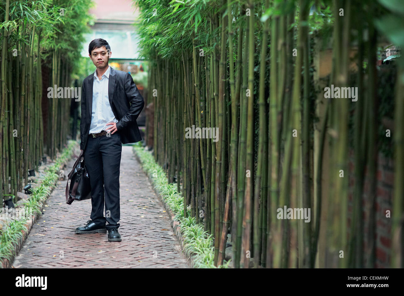 Ein junger Geschäftsmann, stehend auf einem Bambus gesäumten Promenade Stockfoto