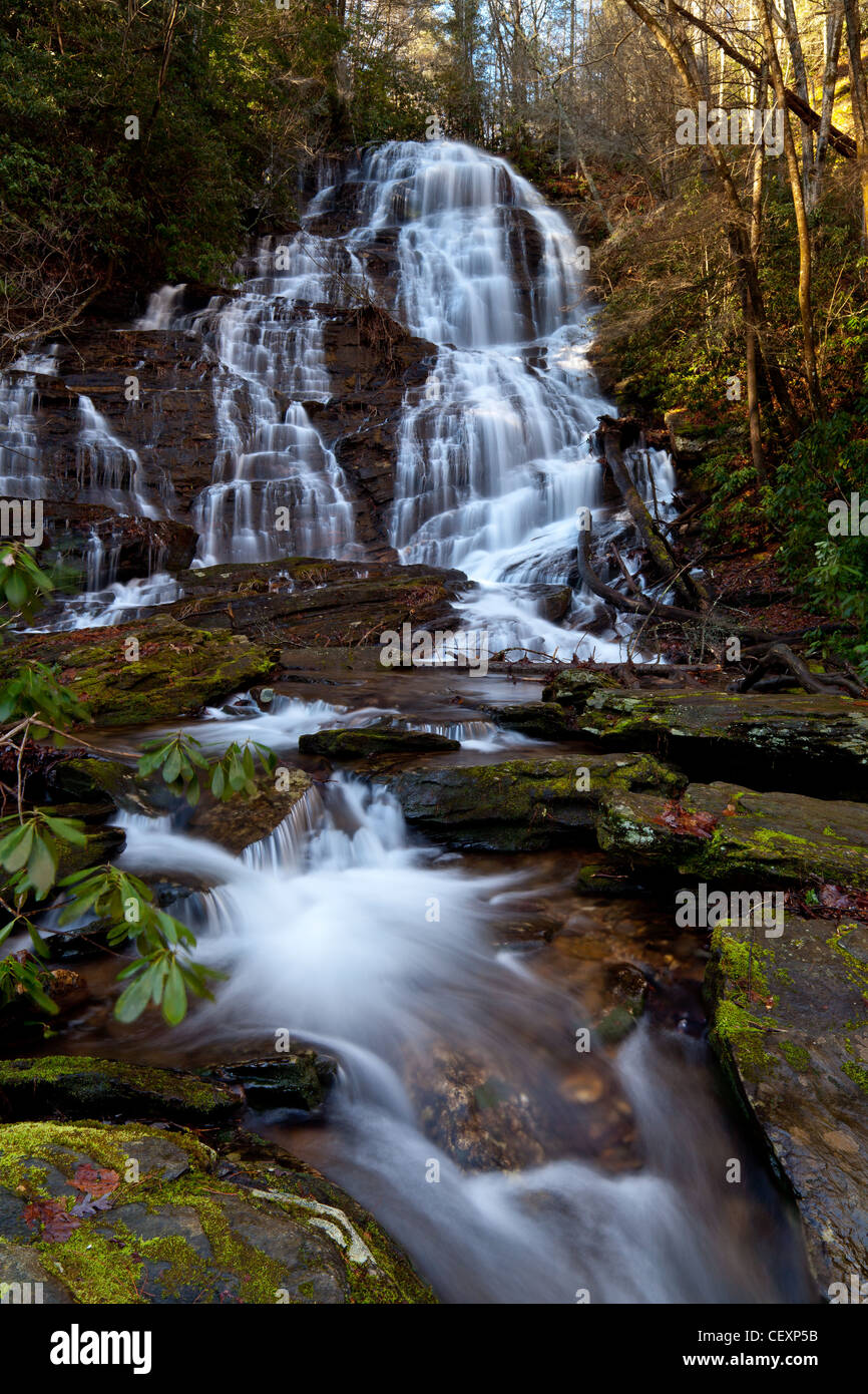 Horsetrough Falls befinden sich im Norden Georgiens im Mark Trail Wildnisgebiet am Oberlauf des Chattahoochee River als es fließt aus Horsetrough Berg.  In ca. 500 Meilen wird das Wasser, das über fließt in den Golf von Mexiko dump.  Die Wasserfälle sind etwa 70 ft. hoch und die näheren Umgebung ist dick mit üppiger Vegetation.  Waterflow tendenziell relativ leicht in allen aber den Wintermonaten oder nach einem erheblichen Regen in der Gegend. Stockfoto