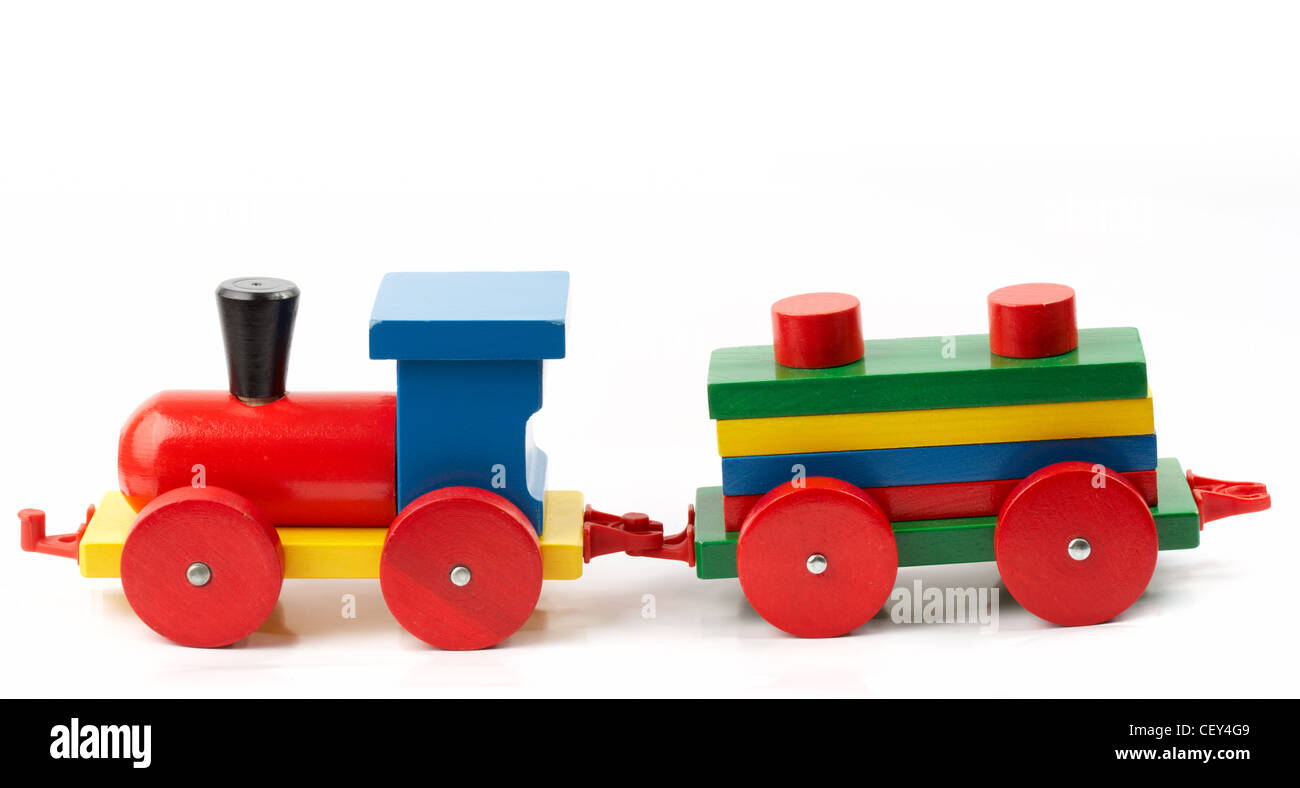 Holzeisenbahn, Spielzeug, isoliert auf weiss Stockfoto