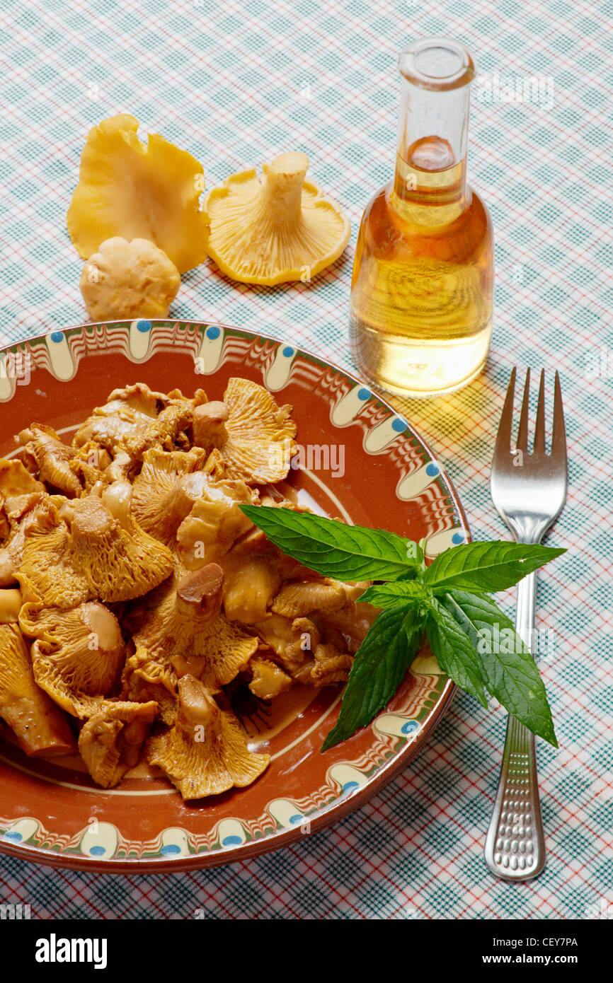 leckere Pfifferlinge Salat in eine Schüssel und Schnaps Stockfotografie ...