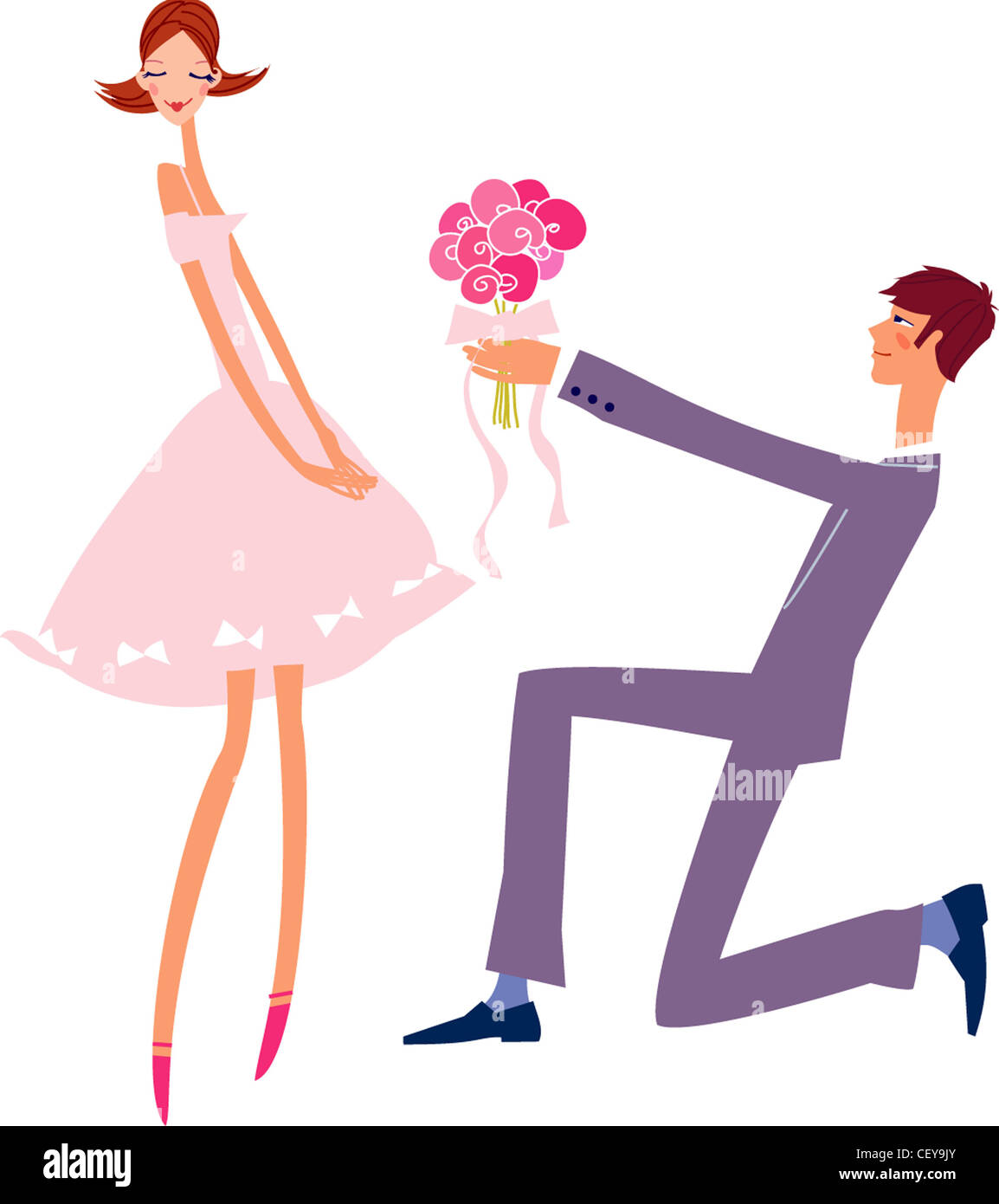 Hochzeit Illustrationen weiblich, schneiden kurze brünette Haare, rosa Kleid aus Schultern, voller Rock, weißer Schleife, hell rosa Schuhe, Stockfoto