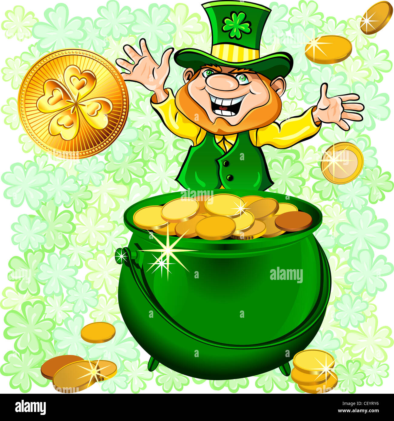 Vector St. Patricks Tag glücklich Kobold mit einem Topf voll gold Geld Münze Stockfoto