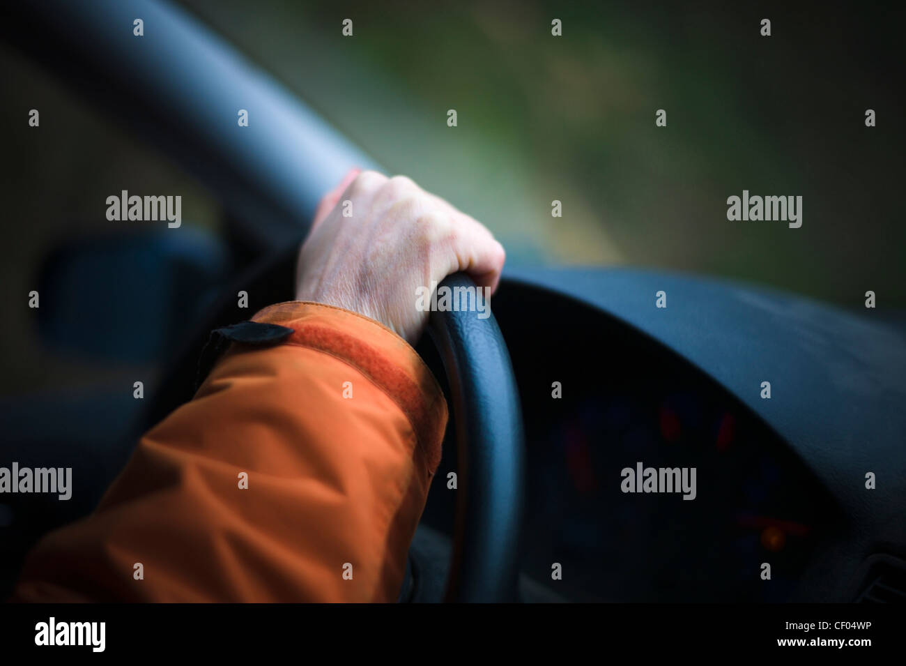 Frau s Hand am Lenkrad Stockfoto