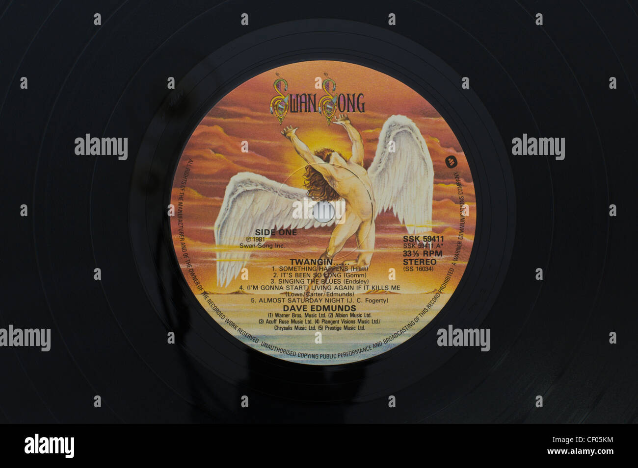 Beschriftung des original Vinyl-Schallplatte Twangin von Dave Edmunds 1981 bei Swan Song Records veröffentlicht Stockfoto