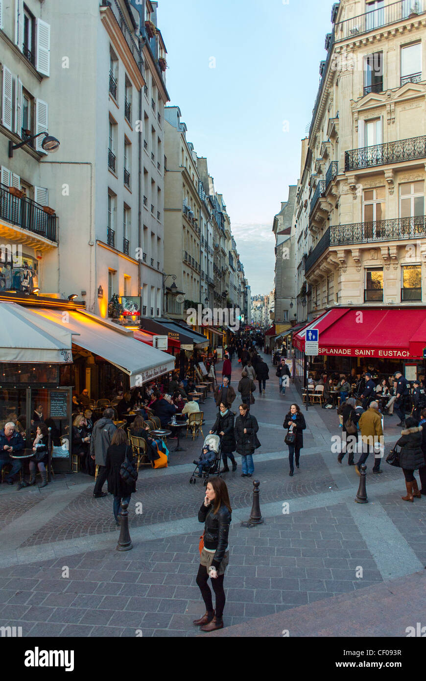 Paris, Frankreich, Menschenmassen laufen auf der gepflasterten Stone Street im Stadtteil Montorgeuil, City High Angle, lebhafte pariser Straßenszene, Straße Paris tagsüber Stockfoto