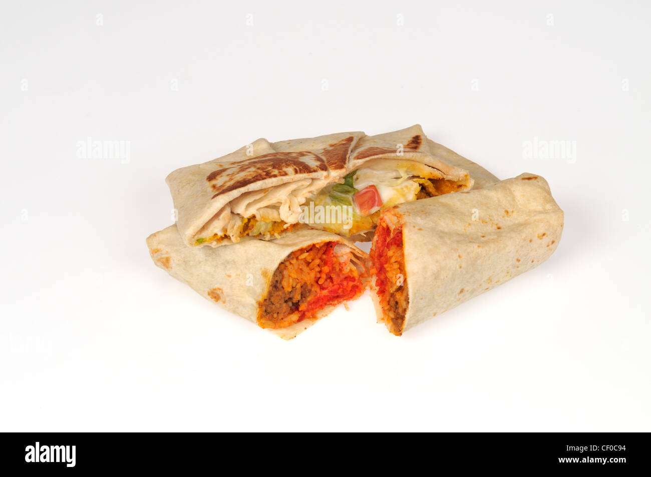 Taco Bell Burrito und Crunchwrap oberste auf weißem Hintergrund Ausschnitt USA Stockfoto