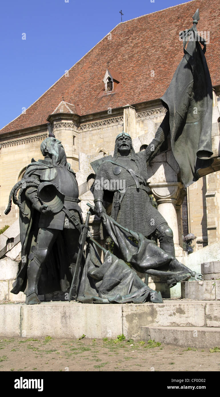 Krieger-Detail des Königs Matei Corvin Statue ein wichtiger Meilenstein für Cluj-Napoca, Rumänien. Stockfoto