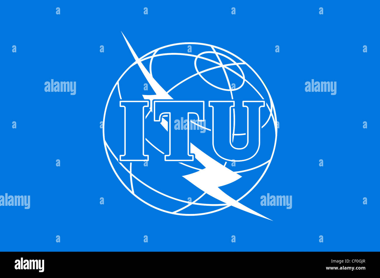 Fahne mit dem Logo der internationalen Fernmeldeunion ITU mit Sitz in Genf. Stockfoto