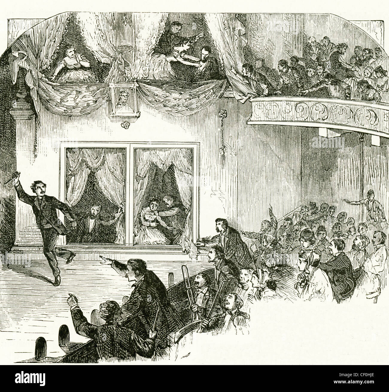 Stand läuft von der Bühne im Ford-Theater und Lincoln sackt nach vorne in seiner Kabine oben rechts. Stockfoto