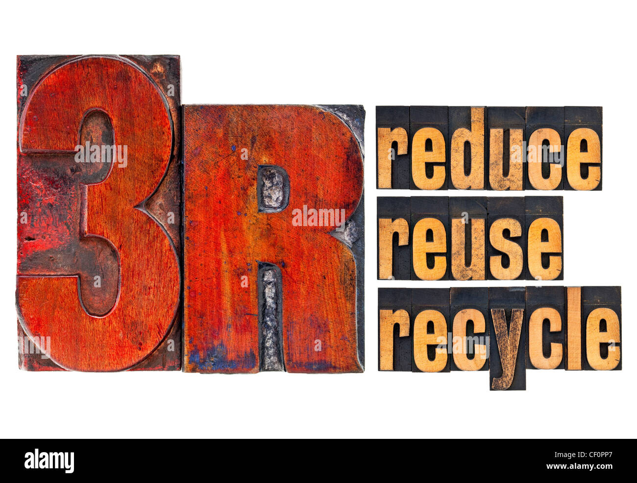 reduzieren Sie, wiederverwenden Sie, recyclen Sie - 3R-Konzept - eine Collage von isolierten Wörtern in Vintage Buchdruck Holzart Stockfoto
