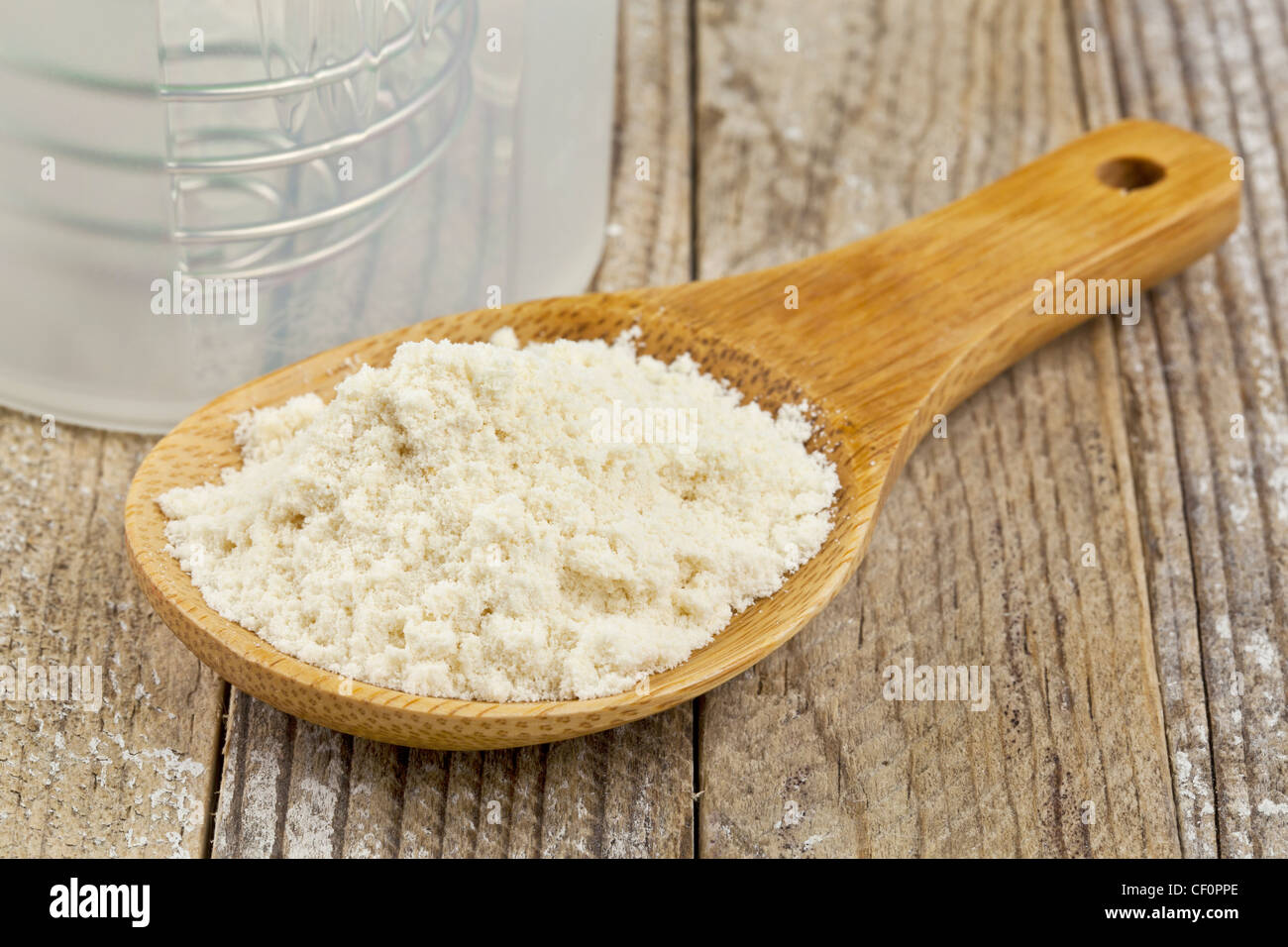 Wheyprotein Pulver auf hölzerne Schaufel und einen Shaker Bootle - Ernährungskonzept zu konzentrieren Stockfoto
