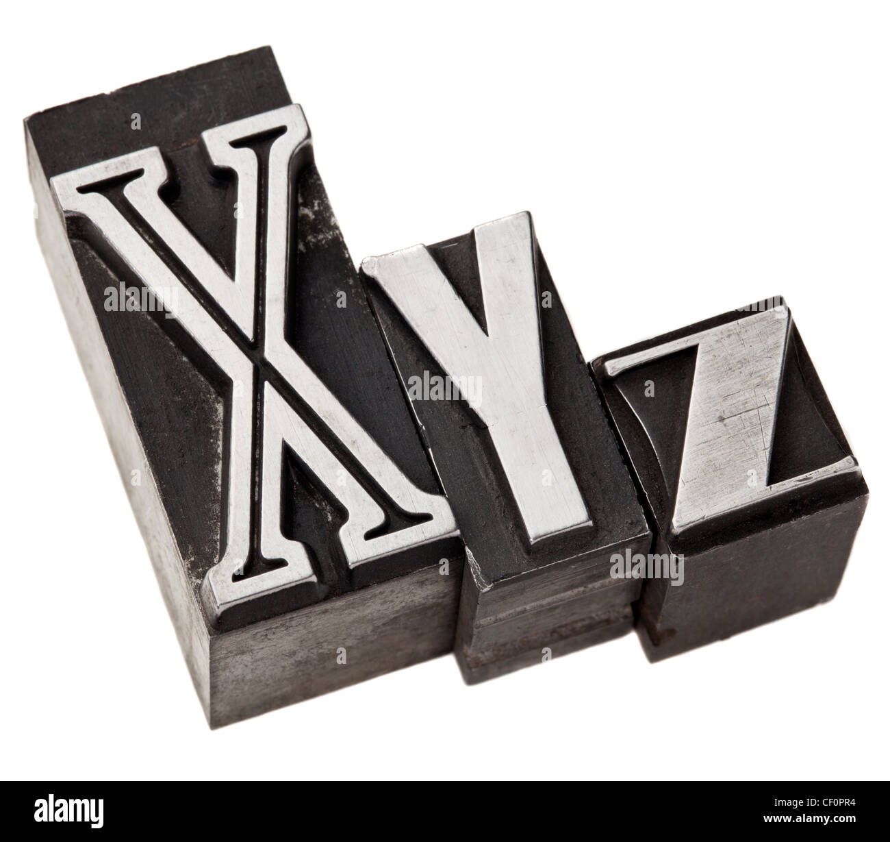 XYZ - Metall drei letzte Buchstaben des Alphabets (oder kartesischen Koordinatensystem) in Vintage Buchdruck-Typ Stockfoto