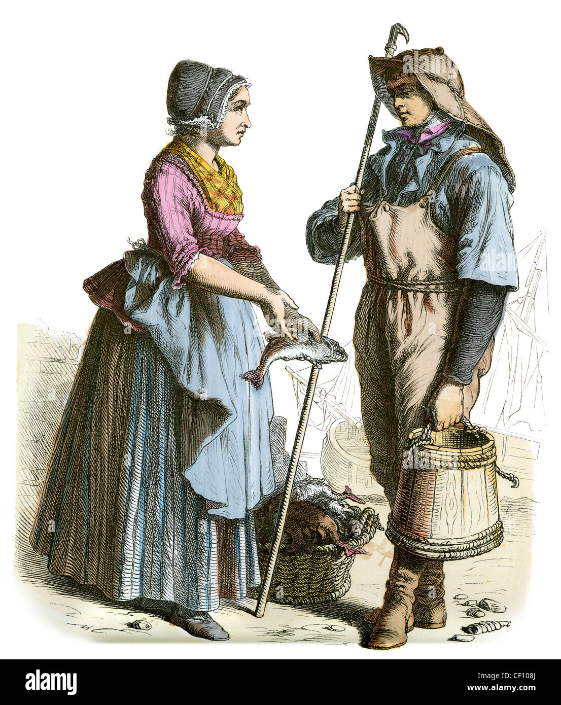 Ein Mann und eine Frau in der Tracht von Scheveningen in den Niederlanden während des 19. Jahrhunderts Stockfoto