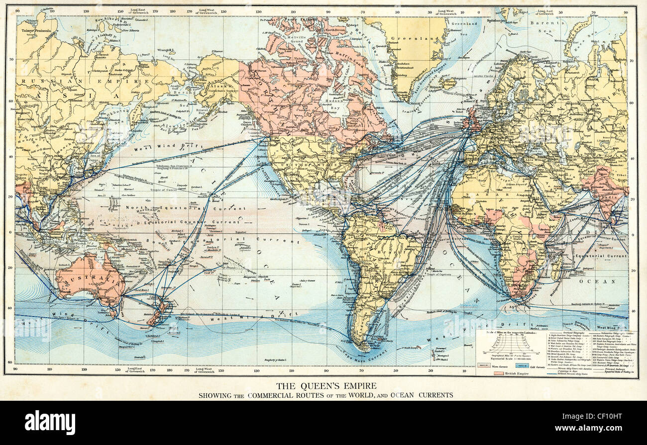 Vintage Karte des britischen Empire zeigt die kommerzielle Handelsrouten der Welt und Ozean Ströme-1890 Stockfoto