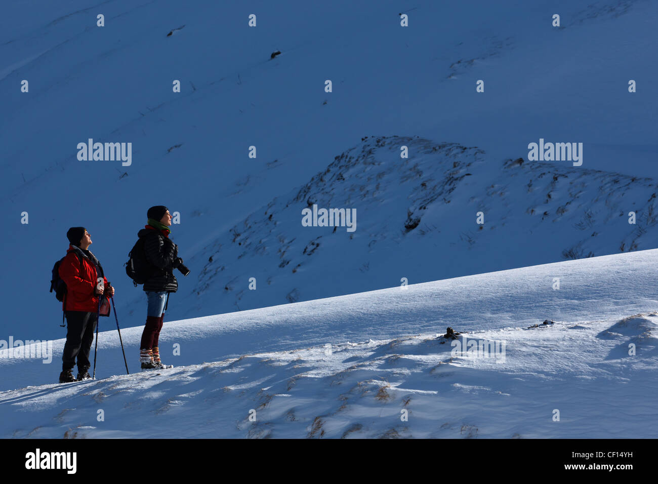 Frauen Wandern im verschneiten Berglandschaft in der Nähe des Col de Pause, im Winter, Ariege Pyrenäen, Frankreich. Stockfoto