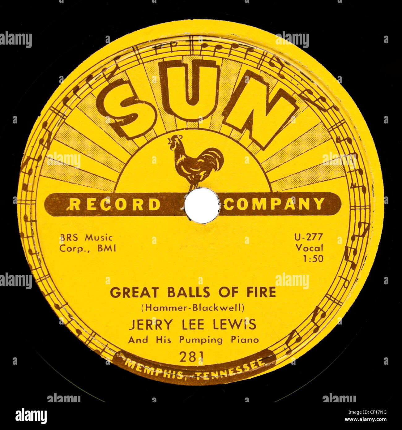 Seltene 78 u/min 1957 Sonne Plattenlabel (Nr. 281) – Jerry "Great Balls Of Fire" Stockfoto