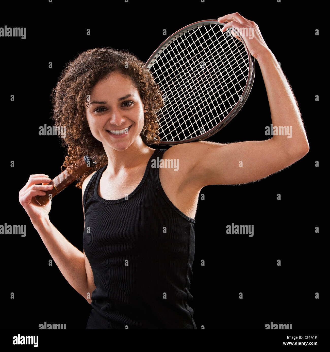 Kaukasische Tennisspieler, Tennisschläger Stockfoto