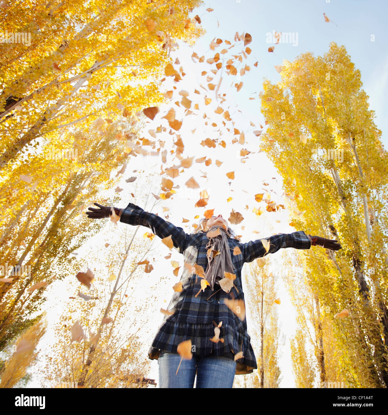 Kaukasische Frau spielt mit Herbstlaub Stockfoto