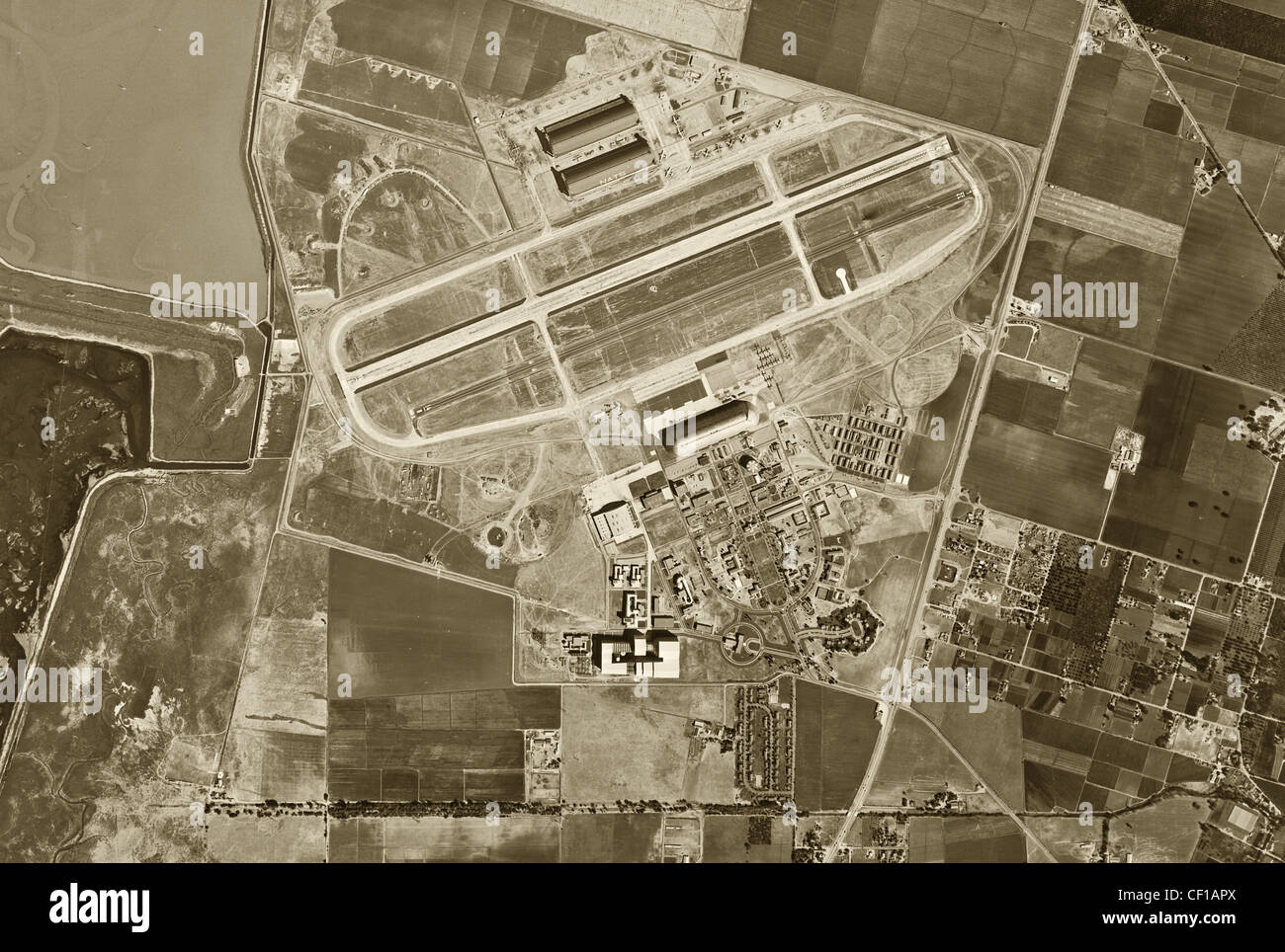 historische Luftaufnahme Moffett Field, Mountain View, Kalifornien 1948 Stockfoto