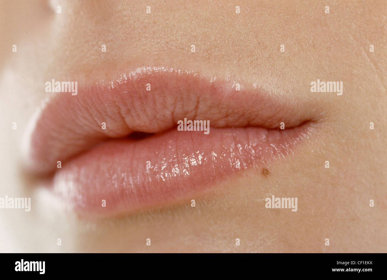 Eine Nahaufnahme Bild des Weibchens Lippen tragen klare glänzende lipgloss Stockfoto