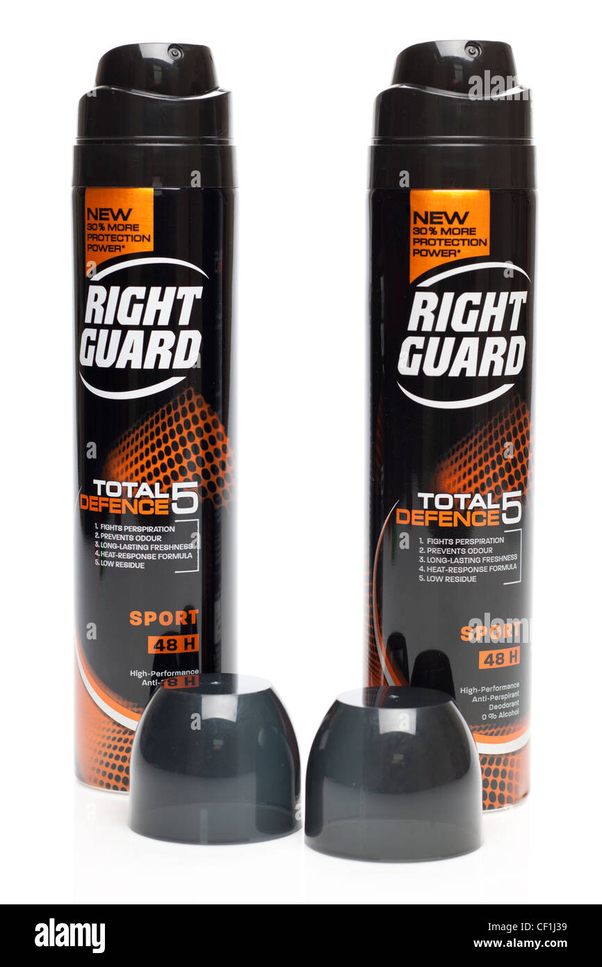 Zwei null Prozent Alkohol Spray Container von Right Guard total Verteidigung anti-Transpirant Stockfoto