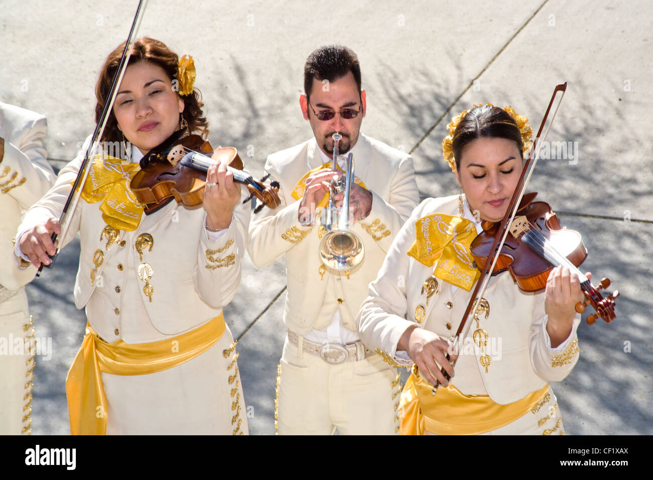 Tracht tragen, spielen Mariachi Musiker beider Geschlechter, Violine und Trompete in Tucson, AZ Stockfoto