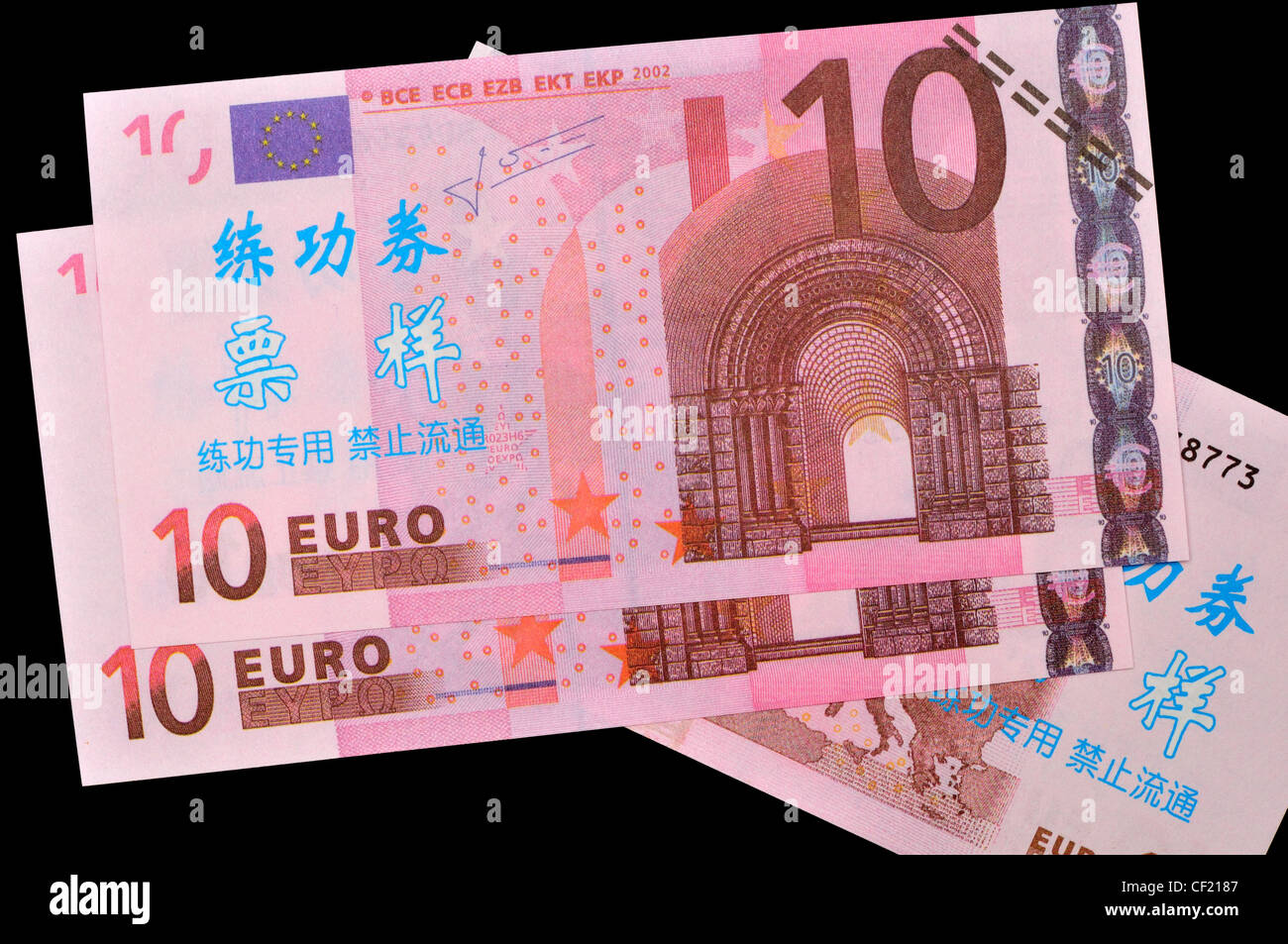 Testen Sie Banknoten für die Ausbildung in chinesischen Banken verwendet. 10 Euro Stockfoto