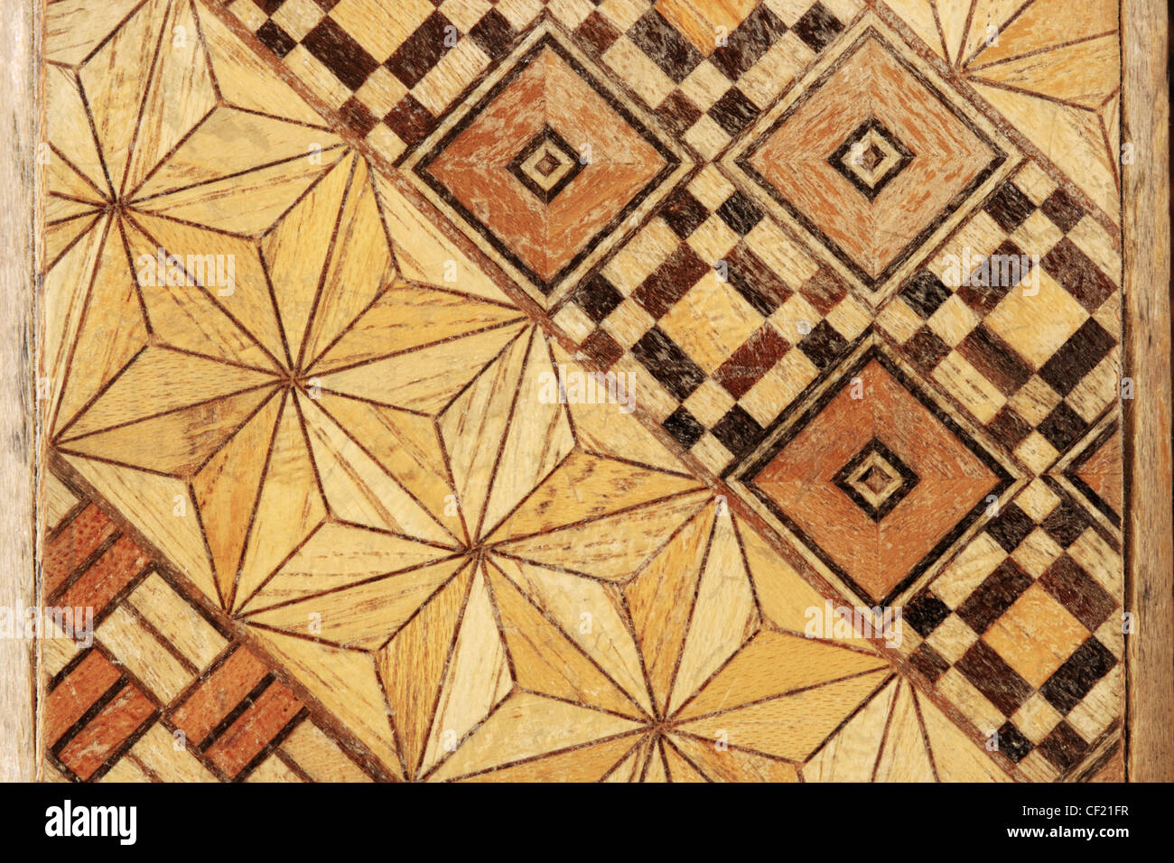 Makro-Bild des eingelegten abstrakte geometrische Holz Intarsien Muster Stockfoto